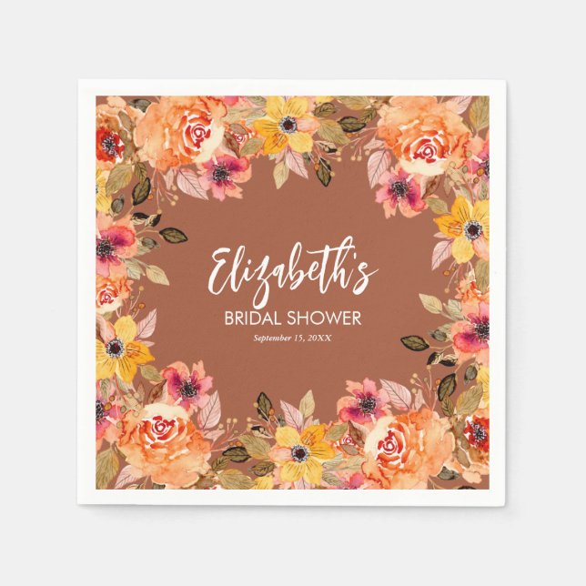 Autumn Watercolor Flowers on Terracotta Napkin (Front)