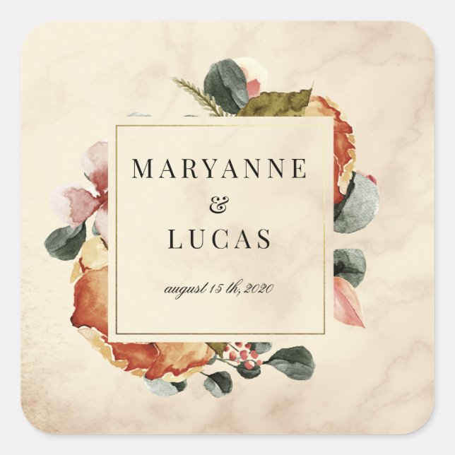 autumn watercolor foliage monogram wedding square sticker (Front)