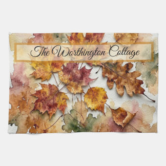 Autumn Watercolor Leaves and Fall Foliage Art Kitchen Towel