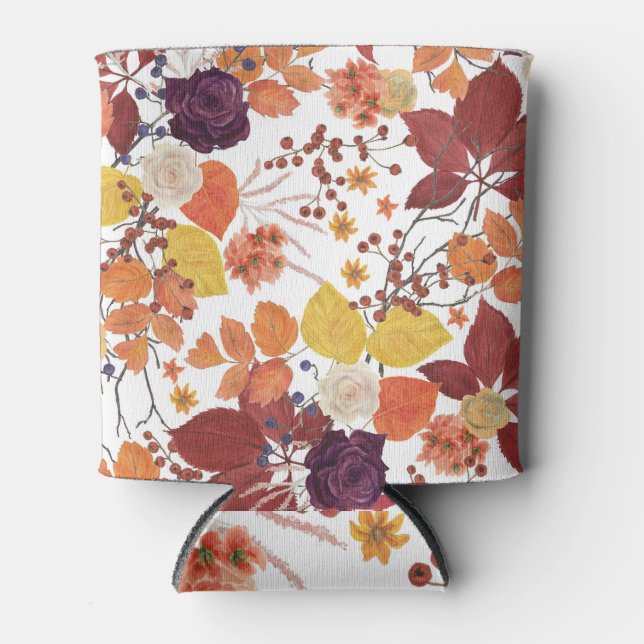 Autumn Watercolor Leaves and Roses Can Cooler (Front)