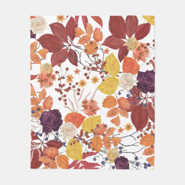 Autumn Watercolor Leaves and Roses Fleece Blanket (Front)