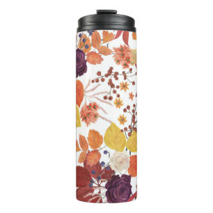 Autumn Watercolor Leaves and Roses Thermal Tumbler