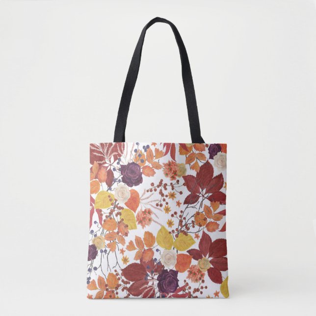 Autumn Watercolor Leaves and Roses Tote Bag (Front)