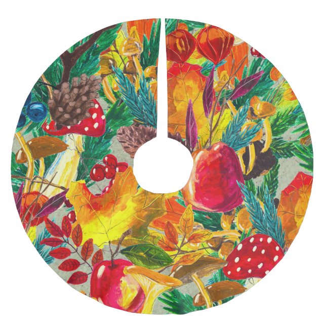 Autumn Watercolor Leaves Mushrooms Pattern Brushed Polyester Tree Skirt (Front)