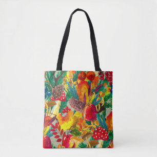 Autumn Watercolor Leaves Mushrooms Pattern Tote Bag