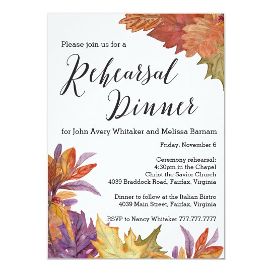 Autumn Watercolor Leaves Rehearsal Dinner Card