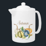Autumn Watercolor Pumpkin Blue White Green Orange<br><div class="desc">Beautiful watercolor pumpkins in shades of blue,  green,  orange,  and white are featured on this seasonal teapot. You can customize the word Autumn that is on both sides of the teapot. Delight your guests and family for fall and Thanksgiving with this watercolor pumpkin teapot.</div>