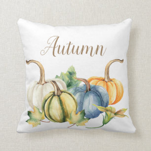 Autumn Watercolor Pumpkin Blue White Orange Green Throw Pillow