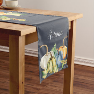 Autumn Watercolor Pumpkin Navy Blue Short Table Runner