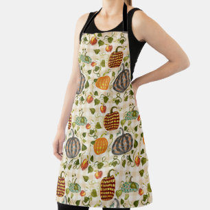 Autumn Watercolor Pumpkins Apples Ivy On Gingham  Apron
