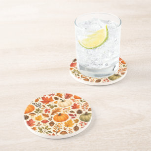 Autumn Watercolor Pumpkins, Fall Leaves & Woodland Coaster