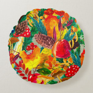 Autumn watercolor seamless pattern with leaves mus round pillow