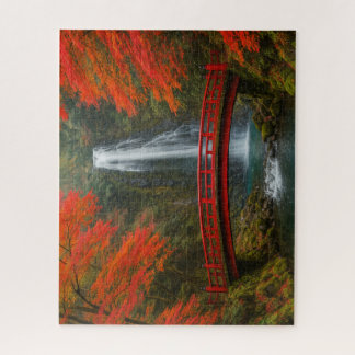 Autumn Waterfall and Vermilion Bridge in Japan Jigsaw Puzzle