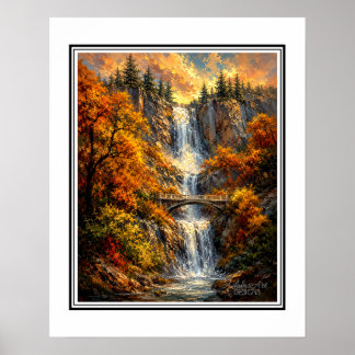 Autumn Waterfall Landscape Impressionist Poster