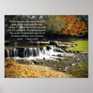 Autumn Waterfall Scene John 7:37 Bible Verse Poster