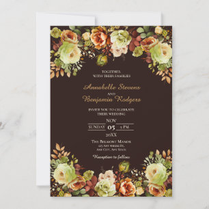 Autumn Wedding Brown Green and Burnt Orange Floral Invitation