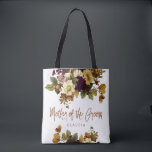 Autumn wedding floral modern mother of the groom tote bag<br><div class="desc">Modern rustic mother of the groom elegant typography tote bag featuring autumn fall rusty orange, burgundy gold and ivory cream flowers with dried leaves and foliage and a whimsical chic script. Personalize it with mother's name on the front side and with the wedding couple names and date on the reverse....</div>