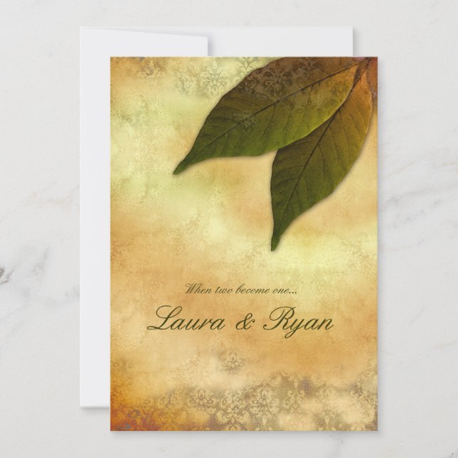 Autumn Wedding Invitation 2 Leaves Green Cream (Front)
