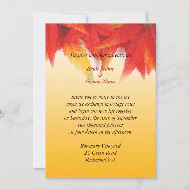 Autumn wedding invitation. Fall red maple leaves Invitation (Front)