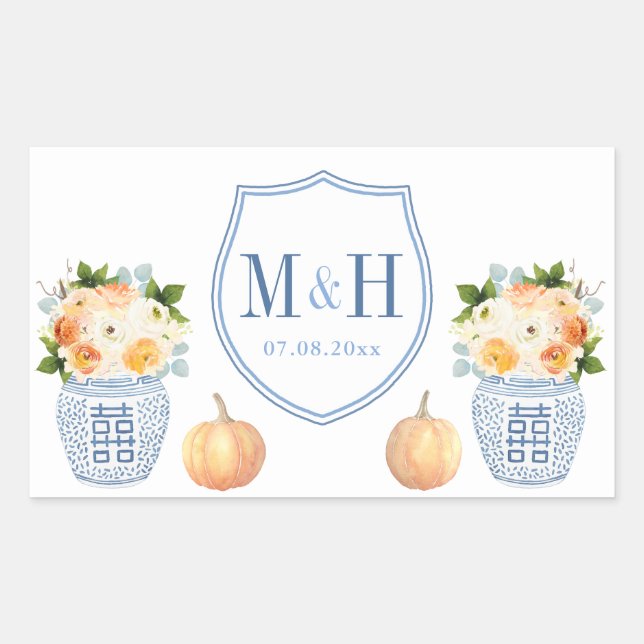 Autumn Wedding Pumpkins Blue And White Crest Favou Sticker (Front)