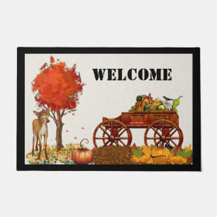 Autumn Welcome Door Mat with Wooden Wagon and Deer