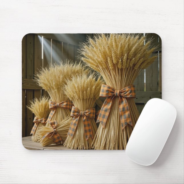 Autumn Wheat Bundles Tied With Plaid Ribbon Mouse Pad (With Mouse)