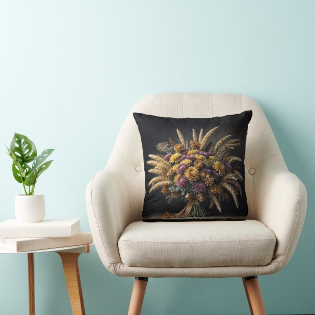 Autumn Wheat Stalks and Mum Bouquet  Throw Pillow (Chair)