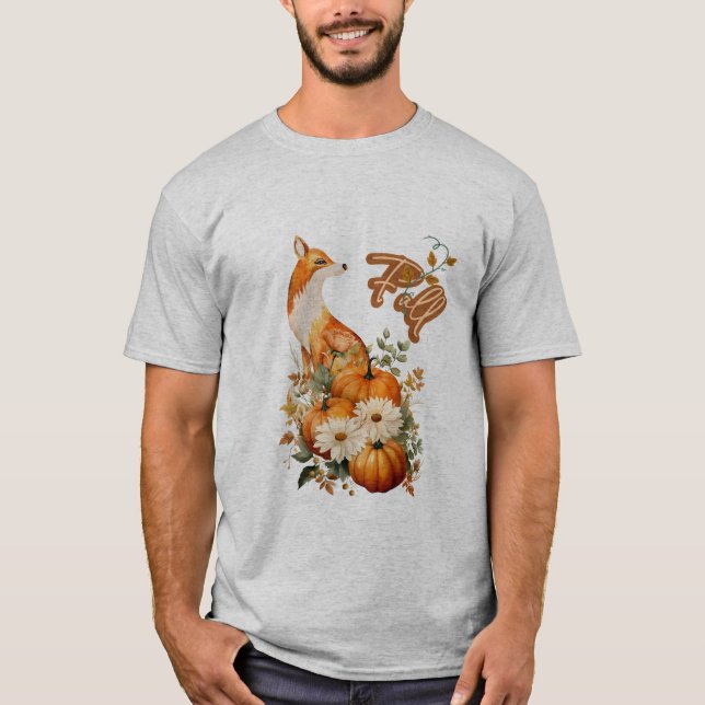 Autumn Whimsy: Fox, Pumpkins, and Fall Foliage T-Shirt (Front)