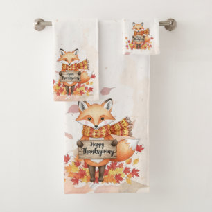 Autumn Whimsy – Thanksgiving Fox with Fall Leaves Bath Towel Set