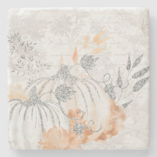 Autumn White And Silver Grey Pumpkins Stone Coaster