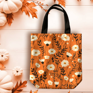 Autumn White Daisies on Orange  Tote Bag