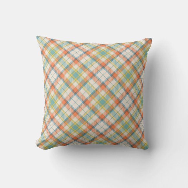 Autumn White, Orange & Blue Plaid Throw Pillow (Front)