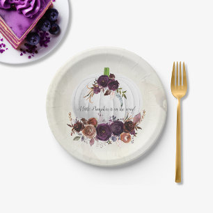 Autumn White Pumpkin Couple Baby Shower Paper Plate