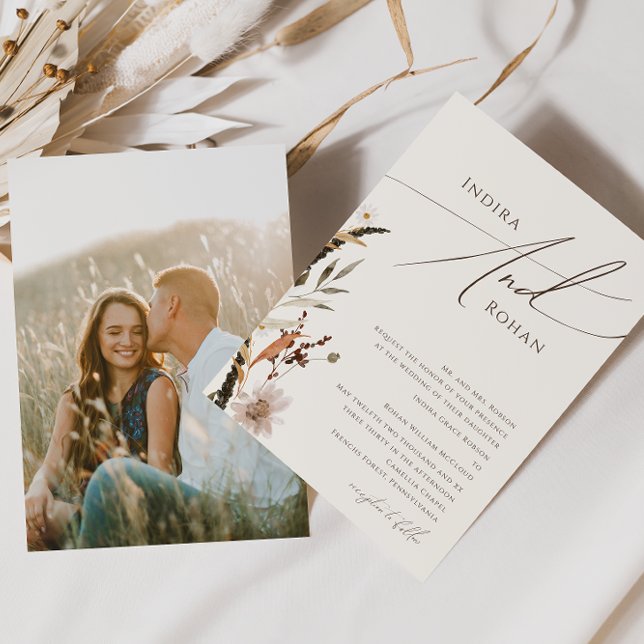 Autumn Wildflower Beige Photo Traditional Wedding Invitation (Creator Uploaded)