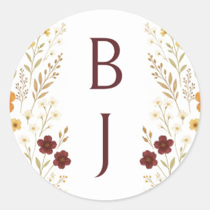 Autumn Wildflower Boho Monogram Wedding  Classic Round Sticker