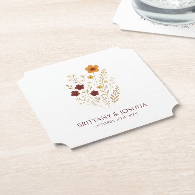 Autumn Wildflower Elegant Boho Wedding  Paper Coaster (Angled)