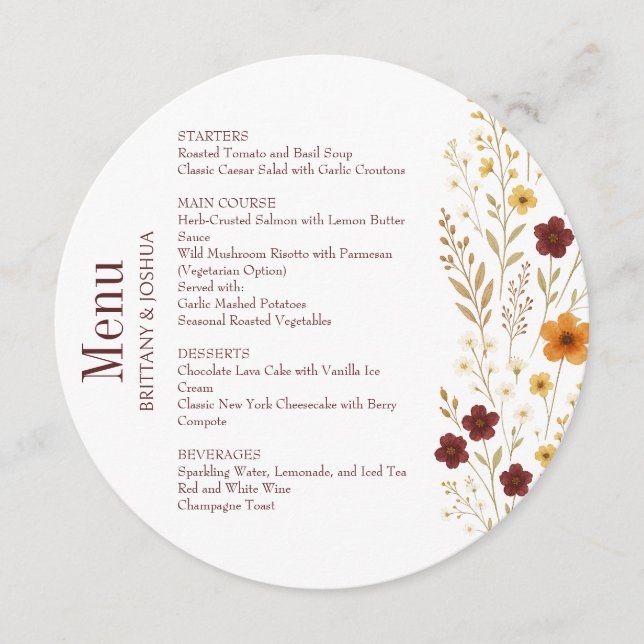 Autumn Wildflower Elegant Boho Wedding Round  Menu (Front)