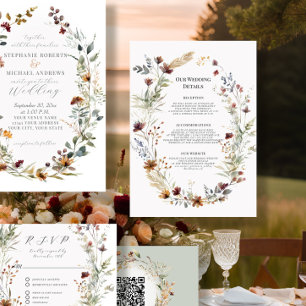 Autumn Wildflower Floral Wreath Wedding Details Invitation