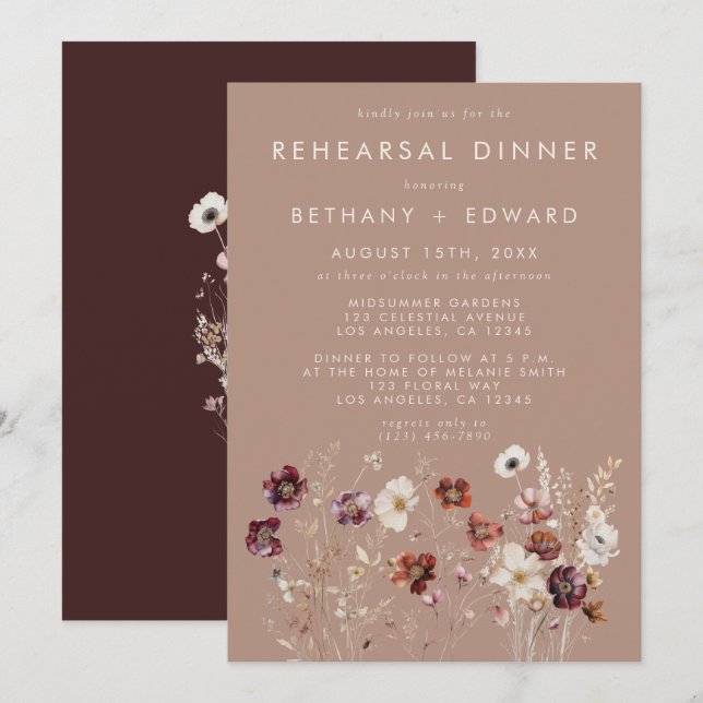 Autumn Wildflower Meadow Taupe Rehearsal Dinner Invitation (Front/Back)