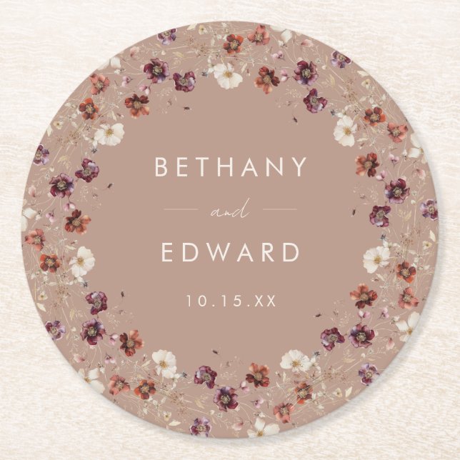 Autumn Wildflower Meadow Taupe Wedding Round Paper Coaster (Front)