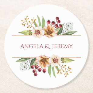 Autumn Wildflower Watercolor Wedding Red Round Paper Coaster
