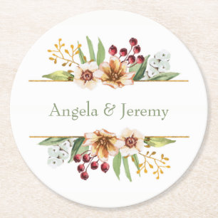 Autumn Wildflower Watercolor Wedding Sage Round Paper Coaster