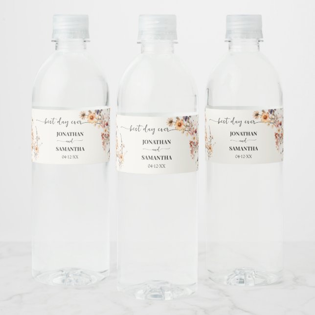 Autumn Wildflowers Best Day Ever Wedding Water Bottle Label (Bottles)
