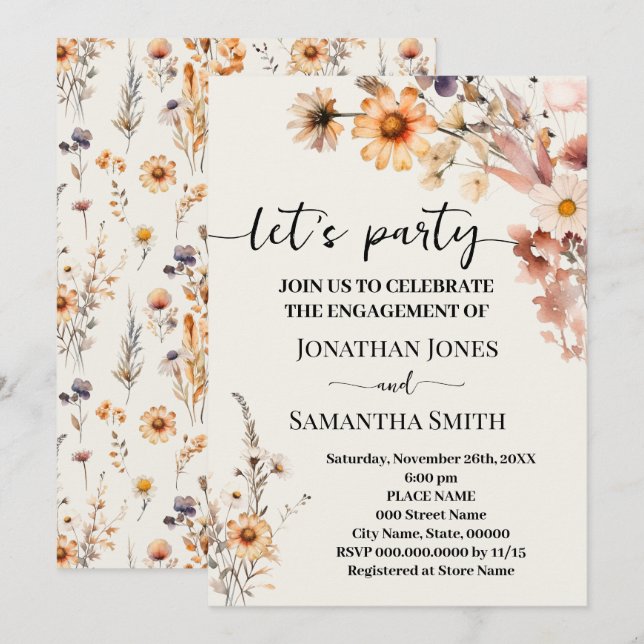 Autumn Wildflowers Lets Party Boho Engagement Invitation (Front/Back)