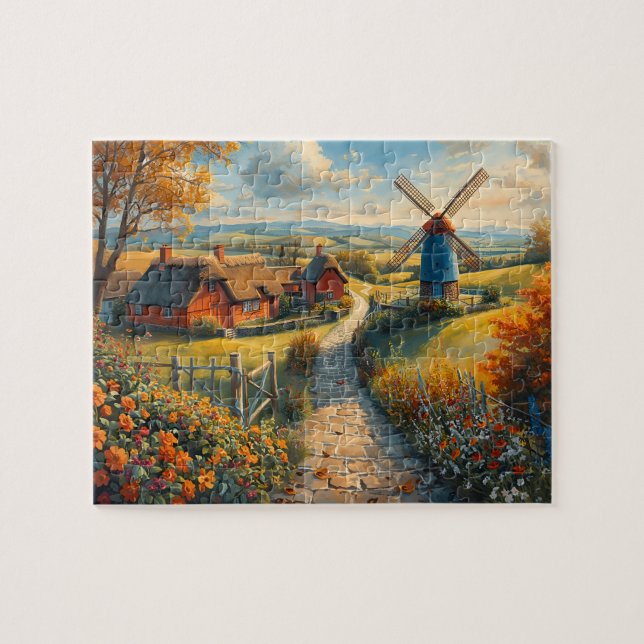 Autumn Windmill Farm Cottage Flower Path Jigsaw Puzzle (Horizontal)