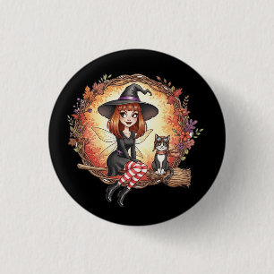 Autumn Witch Fairy with Black Cat 1 Inch Round Button