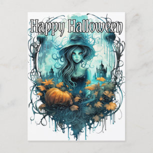 Autumn Witch Illustration   Happy Halloween Postcard
