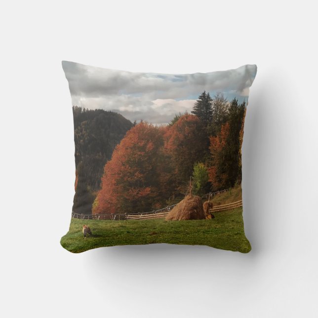 Autumn With Mountain Fox And Haystack Throw Pillow (Front)