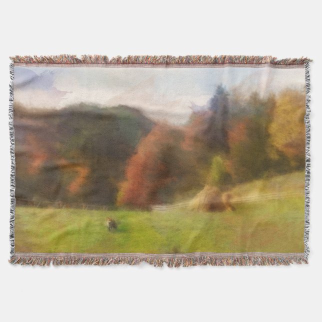 Autumn With Mountain Fox And Haystack Watercolor Throw Blanket (Front)