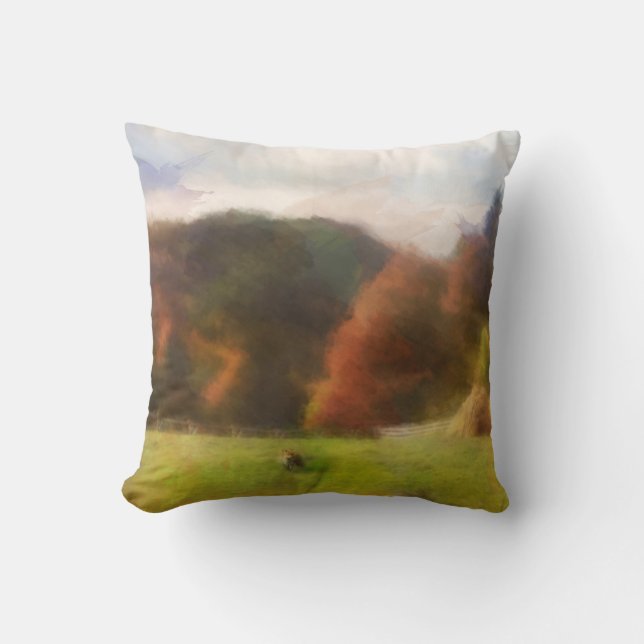 Autumn With Mountain Fox And Haystack Watercolor Throw Pillow (Front)